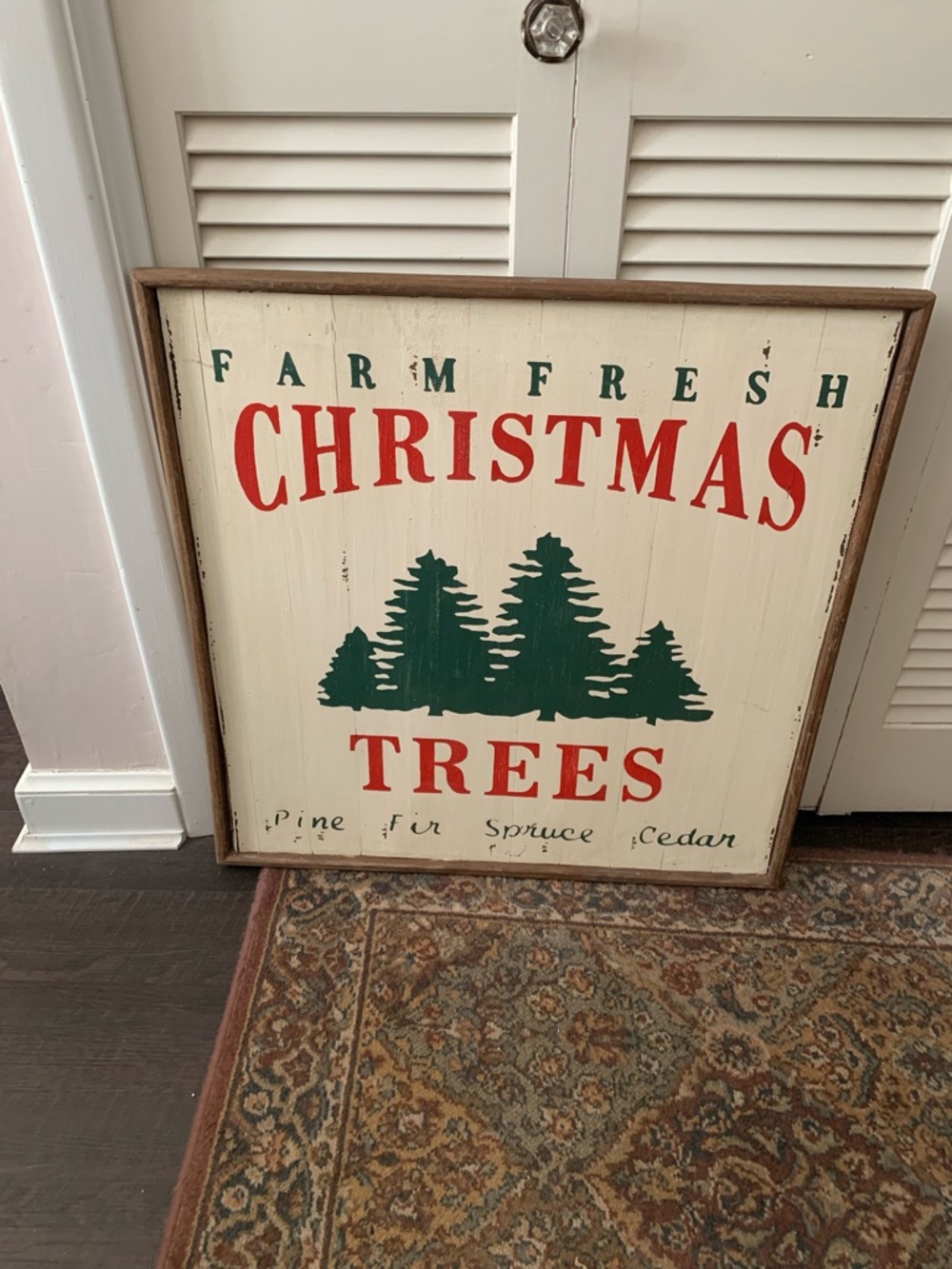 Pottery Barn Wood Farm Fresh Christmas Trees Wall Sign - Green & Red